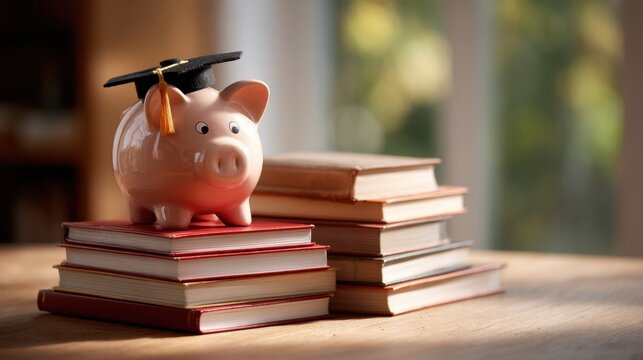 Piggy Bank with Graduation Cap on Stack of Books in Bright Room