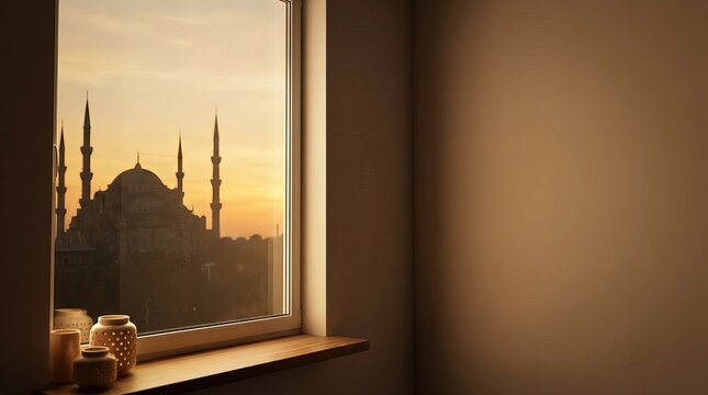 Ramadan Kareem background showing a mosque silhouette viewed through modern window at sunset, warm golden sky, soft interior glow, peaceful spiritual atmosphere