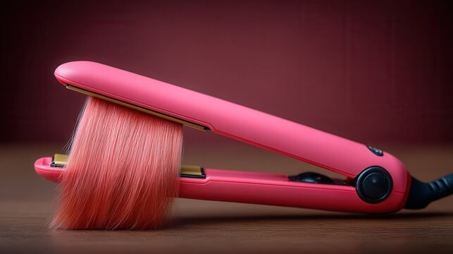 Modern pink flat iron styling vibrant pink hair for a sleek, polished look, perfect for beauty tutorials, showcasing tools, and salon promotions now