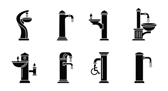 Various styles of modern faucets and washbasins in a black and white illustration