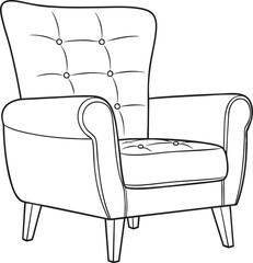 Elegant line art illustration of a classic tufted wingback armchair with rolled arms. © Vhya