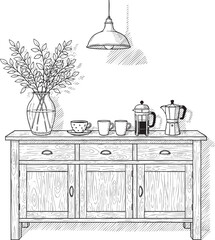 Handdrawn ink illustration of a rustic wooden sideboard with a coffee station French press Moka pot and a vase.