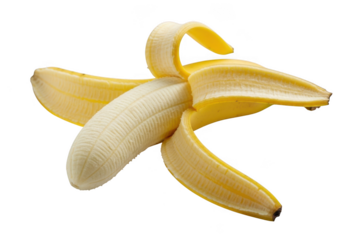 A partially peeled ripe banana with its skin open, isolated on a transparent background