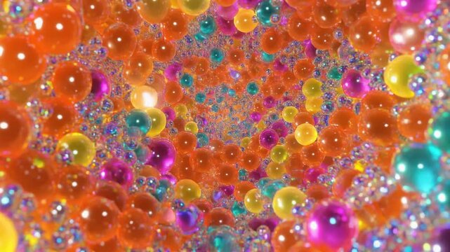 Aerial view of a vast field of high-viscosity colorful gel spheres flowing in a hyperbola, featuring iridescent chrome dust for FoodTech and vitality concepts.