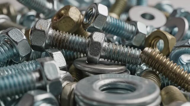 Close up of various metal bolts and nuts hardware fasteners.