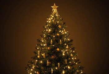Illuminated christmas tree in front of brown background. 3d rendering.