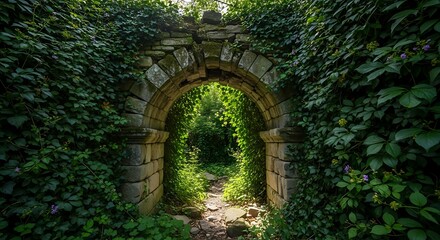 Fototapeta premium Enchanting overgrown stone archway leading to a sunlit hidden garden