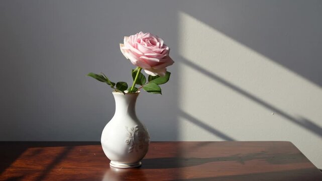A pink rose in a white vase on a wooden table
