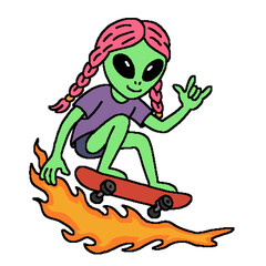 Cool Alien Girl Skateboarding on Flaming Skateboard Illustration 