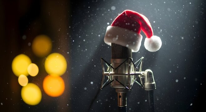 Vintage microphone with Santa hat for Christmas karaoke night - Powered by Adobe