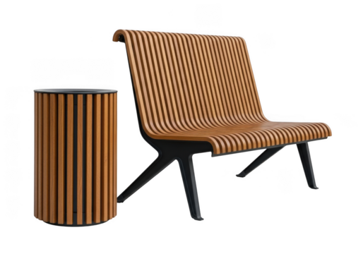 Modern wooden chair and trash can isolated on transparent background