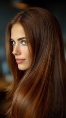 Fototapeta premium Stunning young woman with flowing auburn hair and captivating blue eyes, looking thoughtfully into the distance with a gentle smile.