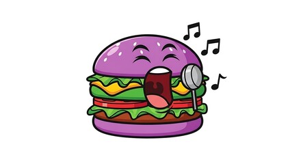 Singing animated burger with a microphone, food mascot, cartoon character, perfect for kids menu, restaurant promotions, or playful brand identity