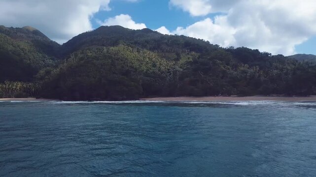 mountains in the nature with a beach an waves in the middel of trees with palms maked with drone 4k 24fps