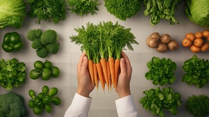 Hands holding fresh carrots surrounded by various green vegetables and root produce