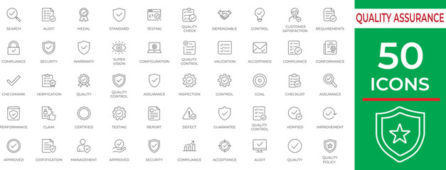 Minimal clean line&ndash;style Quality Assurance icon set for audit, certification, compliance, and verification needs. Perfect for business reports, dashboards, and process improvement visuals.