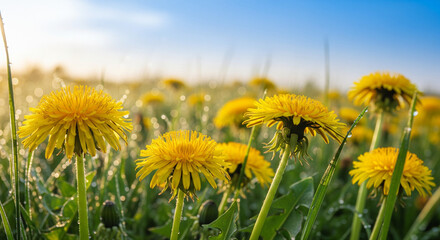 Vibrant yellow dandelions basking in morning sunlight, fresh spring bloom