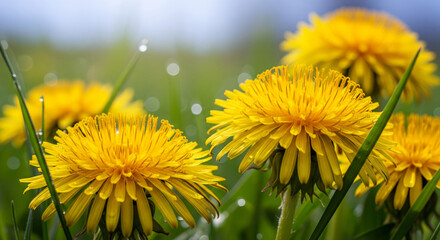 Vibrant yellow dandelions basking in morning sunlight, fresh spring bloom