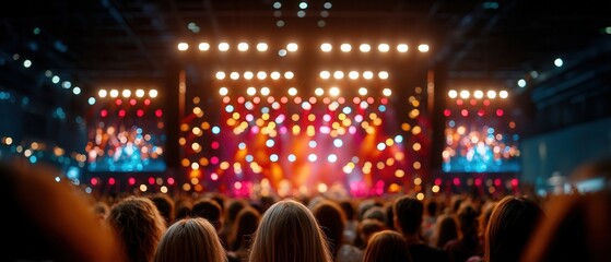 Vibrant concert crowd cheering as dazzling stage lights illuminate a dynamic performance creating an electric atmosphere of pure joy and excitement