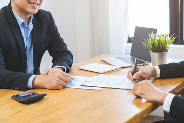 Business finance concept, teamwork and partnership asian businessman customer and salesman...
