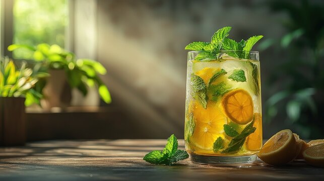 Refreshing summer drink with lemon and mint