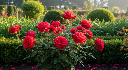 Stunning red roses bathed in morning light, perfect for garden projects
