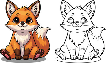 Adorable Cartoon Fox Cub Sitting with Big Eyes Full Color and Line Art Versions.