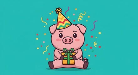 Naklejka premium Cheerful Birthday Pig with Gift and Confetti.