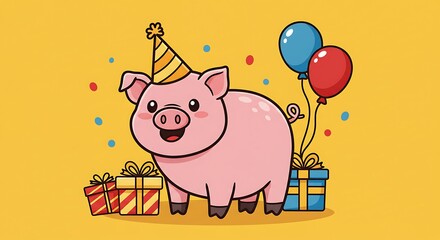 Happy Birthday Pig Party with Presents and Balloons.