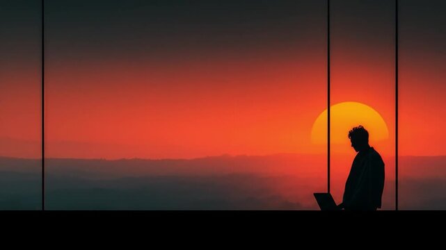 Silhouette person using computer during sunset against orange sky