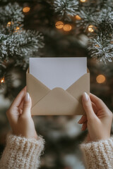 Female hands holding a kraft paper envelope with a blank card inside. Perfect for holiday greetings or Christmas cards