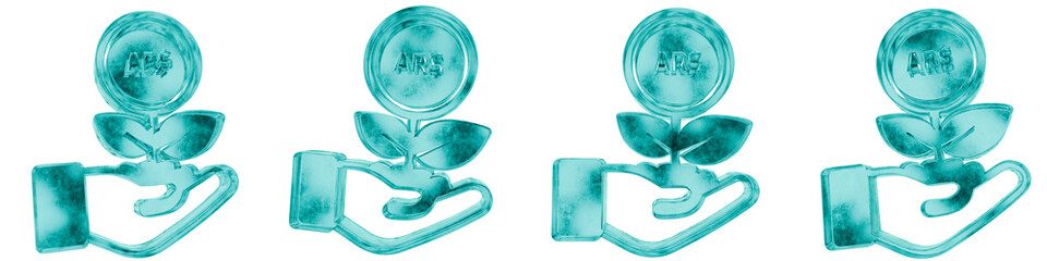 Set of four 3D investment argentine peso shapes in frosted blue ice glass style, isolated on a transparent background. Glassmorphism icons and 3D elements for modern graphic design.