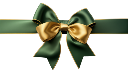 Green bow ribbon isolated on transparent background for holiday themes, greeting cards and celebration decoration