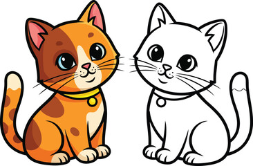 Obraz premium Adorable Sitting Cartoon Cats a Colored Calico and a Black and White Line Art Version for Coloring.