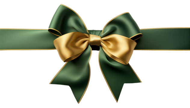 Green bow ribbon isolated on transparent background for holiday themes, greeting cards and celebration decoration