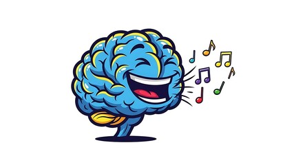 Expressive brain singing joyful melody notes, symbolizing creativity, intelligence, and the power of music for learning and cognitive function
