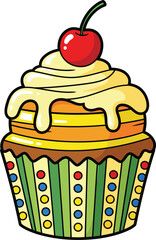 Colorful cartoon cupcake with yellow frosting a red cherry and a striped polkadotted wrapper.