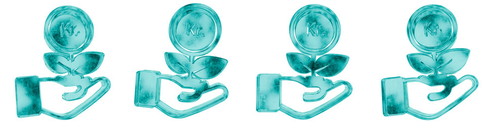 Set of four 3D investment danish krone shapes in frosted blue ice glass style, isolated on a transparent background. Glassmorphism icons and 3D elements for modern graphic design.