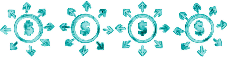 Set of four 3D investment diversification shapes in frosted blue ice glass style, isolated on a transparent background. Glassmorphism icons and 3D elements for modern graphic design.