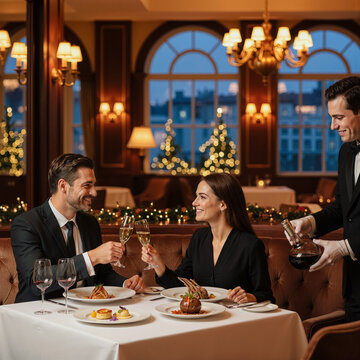 Romantic luxury dinner at upscale restaurant with couple toasting champagne and waiter service, Christmas ambiance
