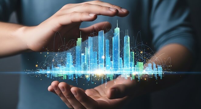 Hands Holding a Futuristic Cityscape with Glowing Connections: Modern Architecture and Technological Advancement Illustrated.