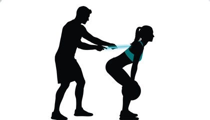 Fototapeta premium Silhouette of a woman doing deadlifts with a trainer fitness guidance and support isolated on white