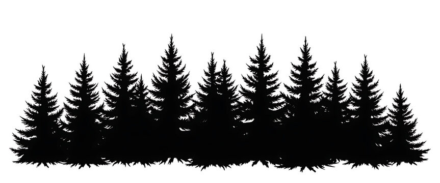 Black silhouette of a coniferous forest with fir trees and pines isolated on white background