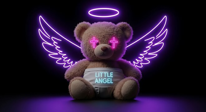 Neon Winged Teddy Bear Angel Toy with Halo. - Powered by Adobe