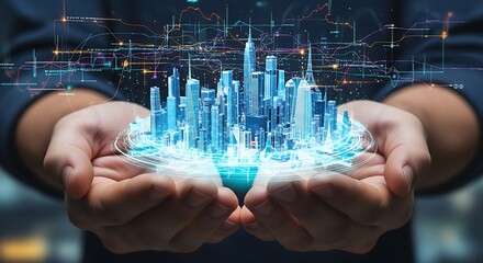 Hands Holding Futuristic Cityscape with Data Streams: Innovation, Technology, Urban Development, and Digital Transformation Concept.