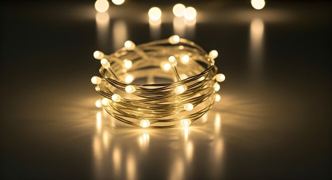 Warm glowing coiled LED string lights creating cozy festive background bokeh effect