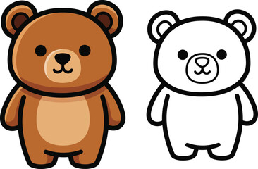 Obraz premium Cute Brown Cartoon Bear Character Standing with Black and White Line Art Version.