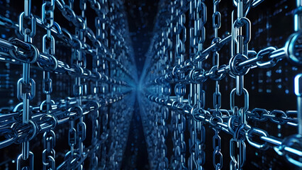 Digital blockchain chain links glowing blue