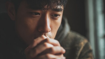 Thoughtful Young Man with Dark Hair and Hands Clasped in Pensive Mood in Indoor Setting