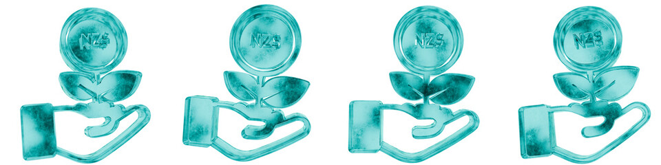 Set of four 3D investment new zealand dollar shapes in frosted blue ice glass style, isolated on a transparent background. Glassmorphism icons and 3D elements for modern graphic design.